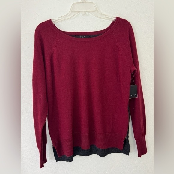 Tahari Sweaters - Tahari Womens Size Large Crew Neck Merino Wool Sweater High-Low Burgundy/Grey